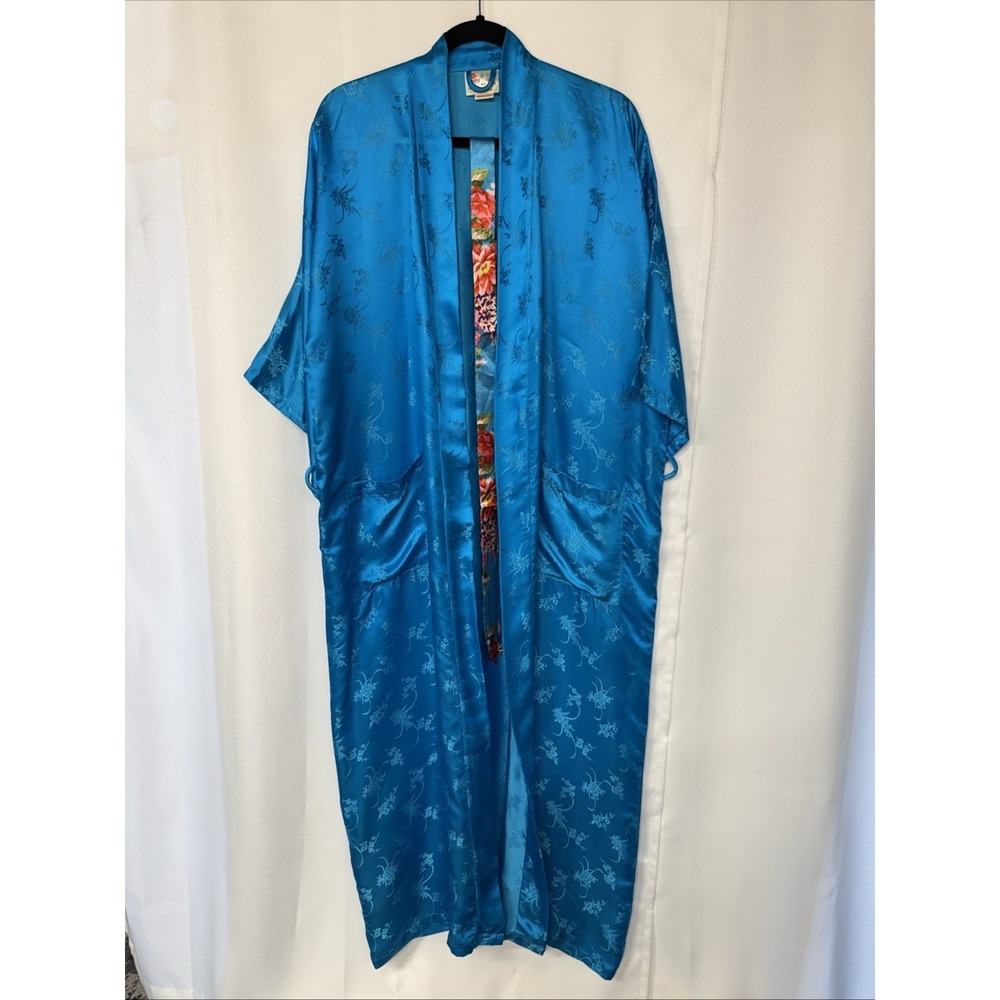 VTG Lotus Brand Blue Floral Jacquard Maxi Pure Silk Satin Kimono Dress M Asian